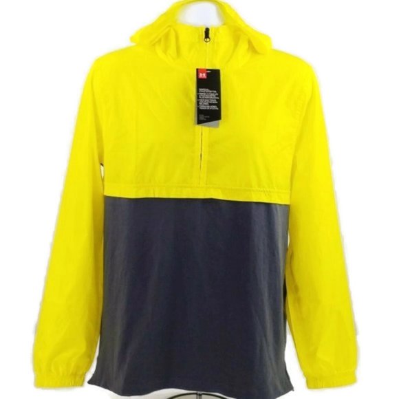 Under Armour Yellow Gray 1/4 Zip Fitted Hooded Windbreaker Jacket Mens Medium